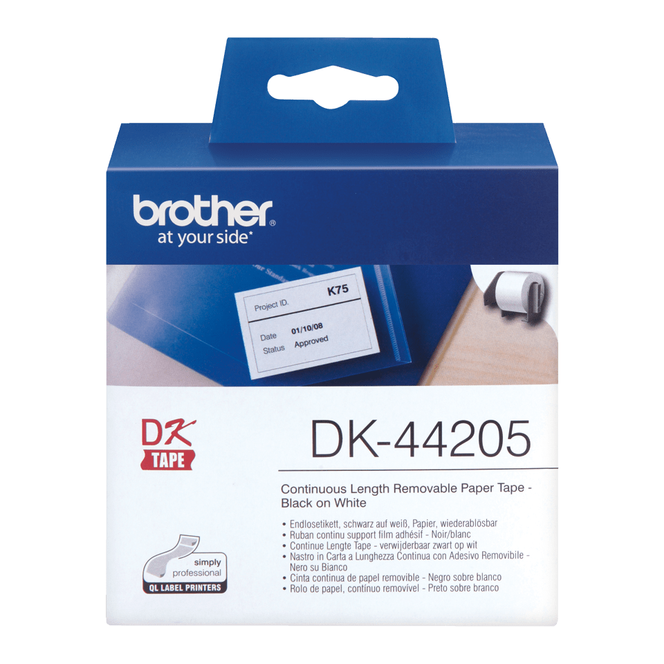 Original Brother DK44205 labelrulle i endeløs bane med klæbestof, der kan fjernes – sort på hvid, 62 mm